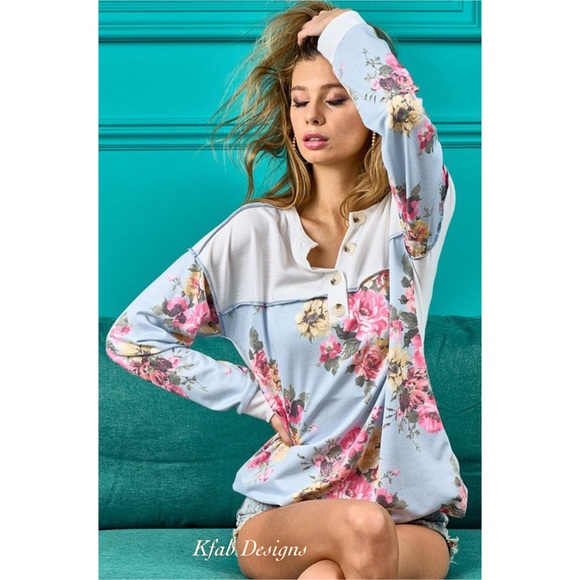 ❤️LAST ONE! Floral Contrast Print French Terry Super Soft Henley - Picture 13 of 13